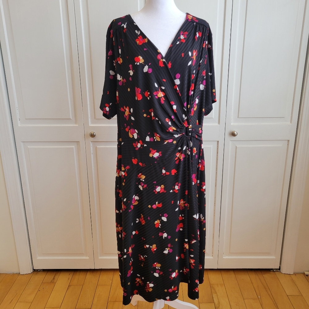 Signature by Robbie Bee Black Floral Wrap Midi Dress with Side Knot